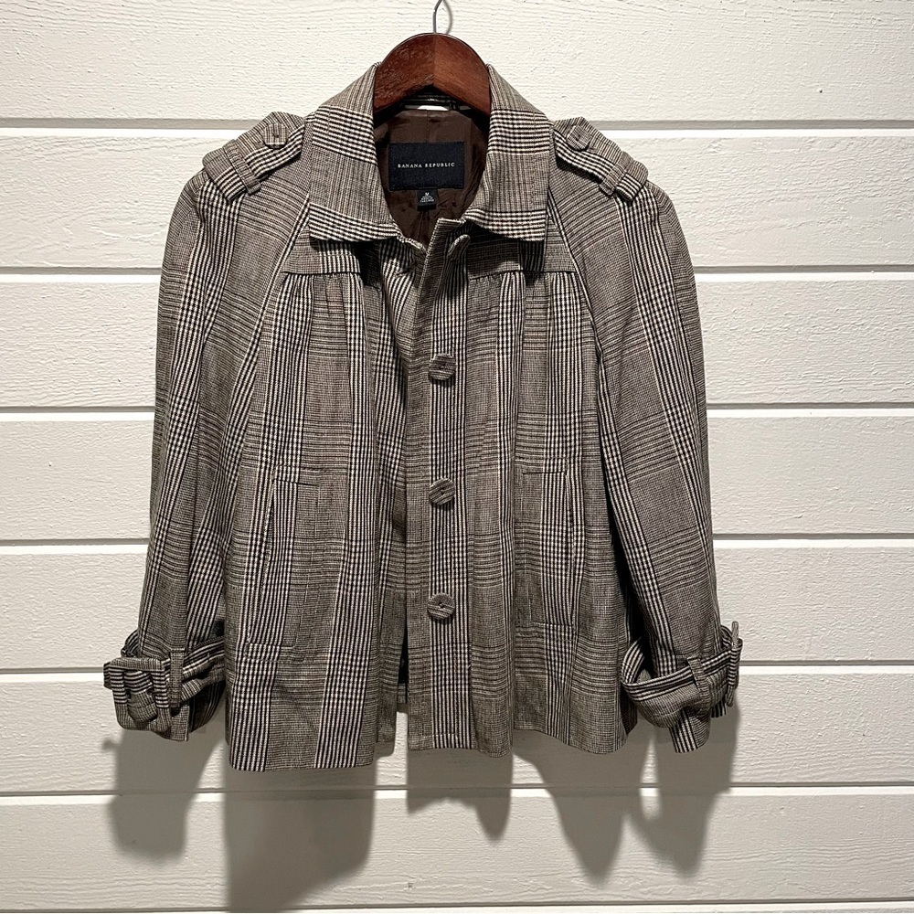 Banana Republic Short Plaid 4 Button Swing Jacket Pea Coat Wool Blend Lined Sz M